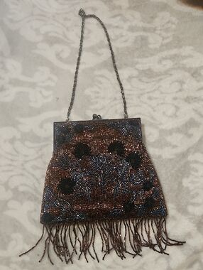 Vintage Beaded Fringe Evening Bag in Bronze and Black
